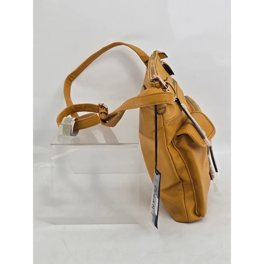 SUGU AM4181 Vegan Leather Crossbody Bag Mustard Yellow Medium Multi Pocket - NEW
